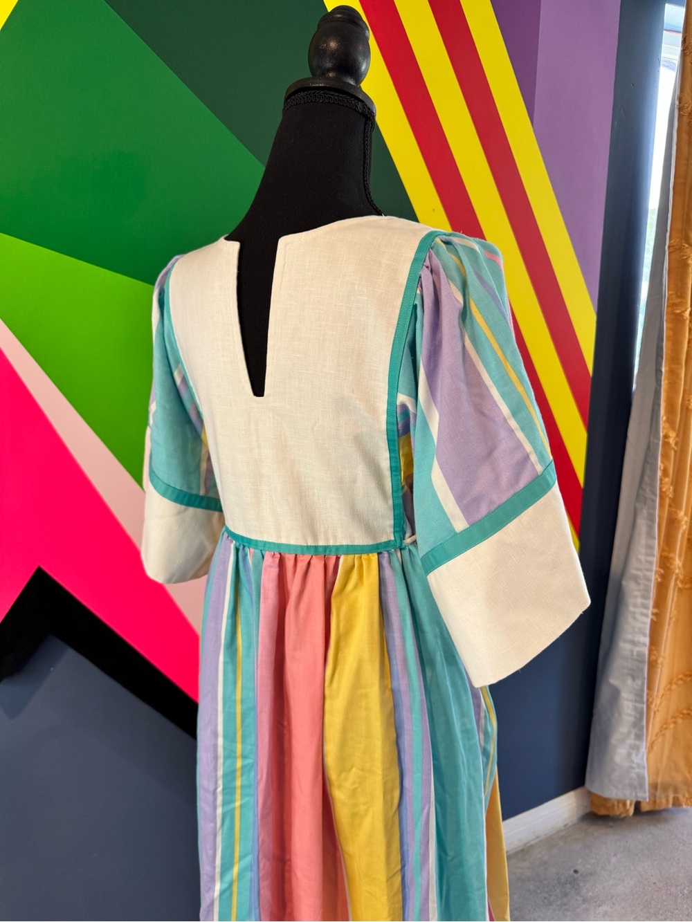 Vintage Mai Honolulu Pastel Rainbow  Stripe Prairie Maxi Dress Cottagecore 1970s - Picture 3 of 8